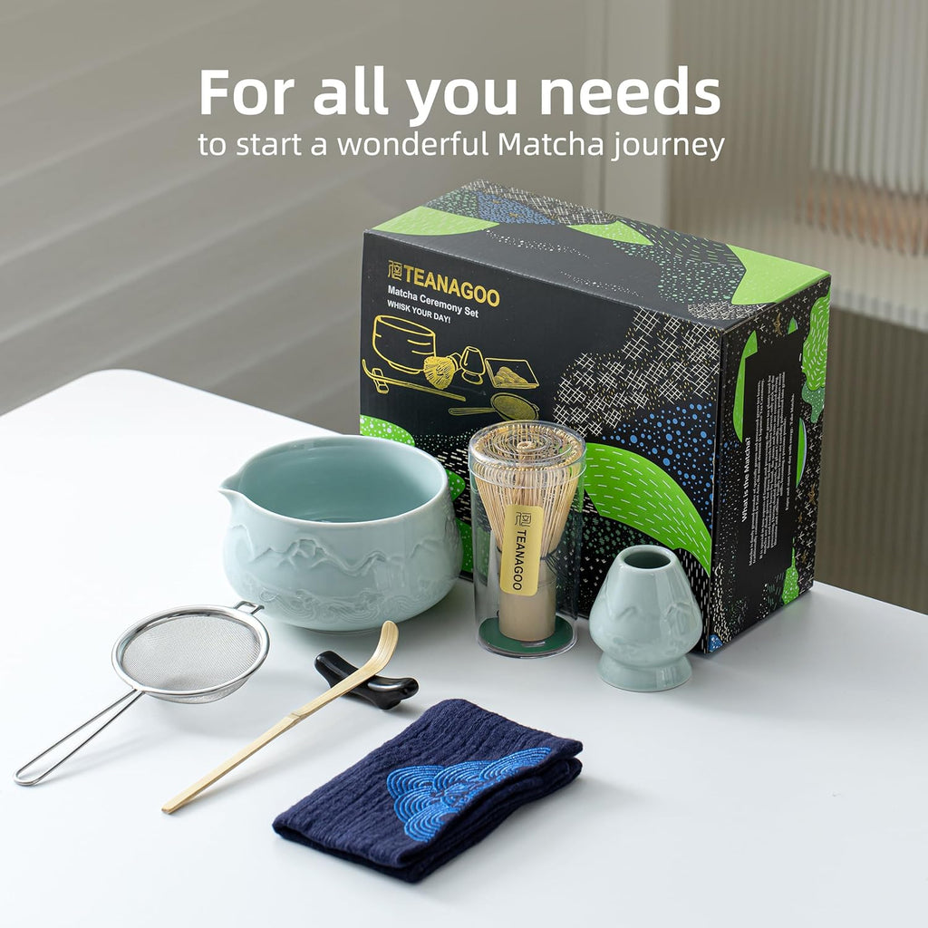 TEANAGOO Set de cérémonie du matcha en céramique 7 pièces avec fouet, bol, cuillère doseuse et tamis pour préparation de latté, cadeau pour amateurs de matcha