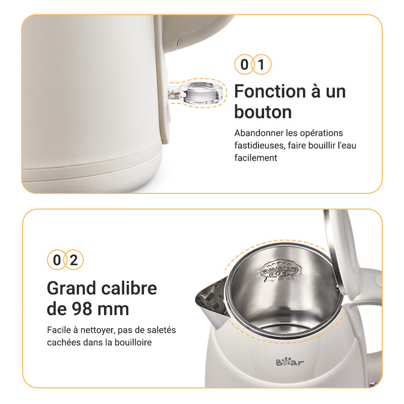 Bear Bouilloire électrique 1,5 L 1500 W - 1750 W ZDH-Q15U8 Inox, arrêt automatique et protection anti-chauffe à sec - Blanc