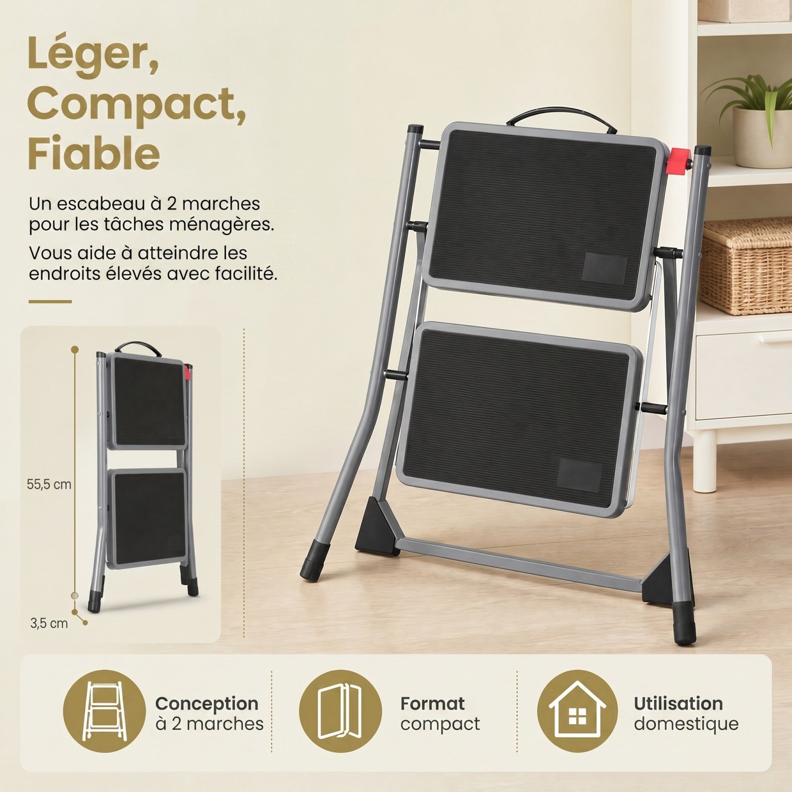JOYFURNOS Échelle à 2 marches marchepied pliable robuste avec marches antidérapantes charge 150 kg 55 x 50 x 4,5 cm gris