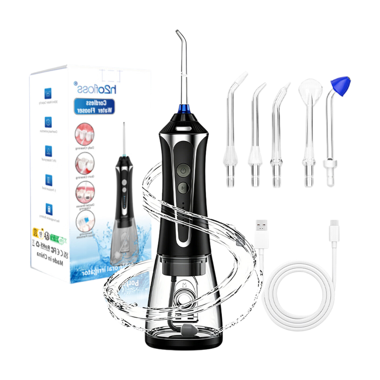 h2ofloss HF-2 Hydropulseur avec 5 modes, 5 canules, rechargeable par USB, étanche IPX7, réservoir d'eau de 300 ml - Noir