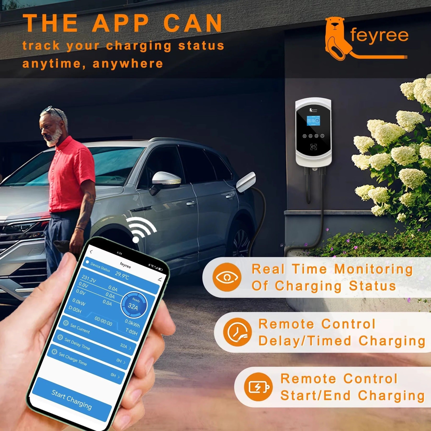 feyree Chargeur de véhicule électrique 32 A, 7,6 kW, monophasé, Wallbox Type 2, câble IEC 62196-2 avec prise, contrôle via application