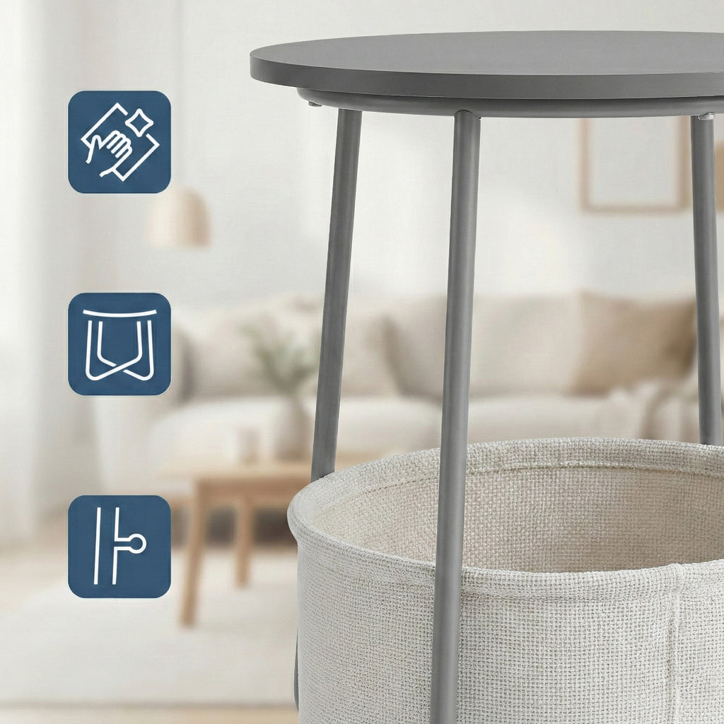 JOYFURNOS Table d'appoint, Bout de canapé rond avec panier en tissu, Pour salon et chambre, Table de chevet, Style moderne, Gris