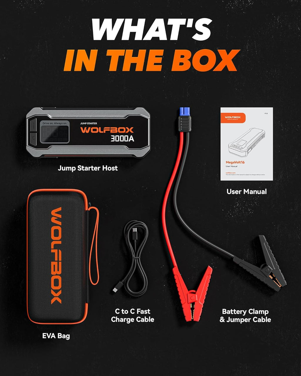 WOLFBOX 3000A Booster de démarrage 12 V batterie portable 59,2 Wh avec chargeur rapide 65 W, écran LED, lampe LED intégrée, câbles de démarrage, compatible moteurs essence 8 L et diesel 6 L
