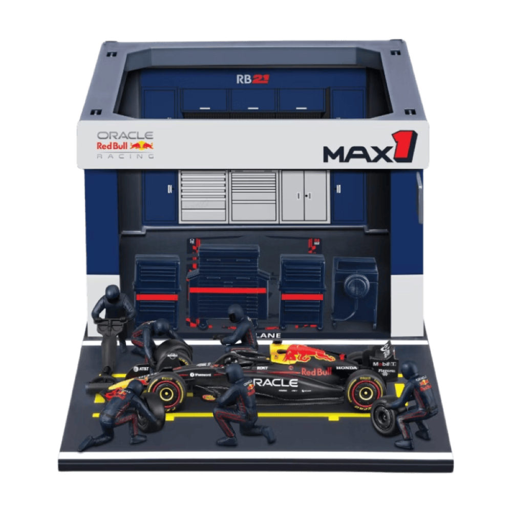 1/43 Bburago Pit-Stop Red Bull RB21 (véhicule + figurines de mécaniciens + paddock + accessoires) #1 Verstappen