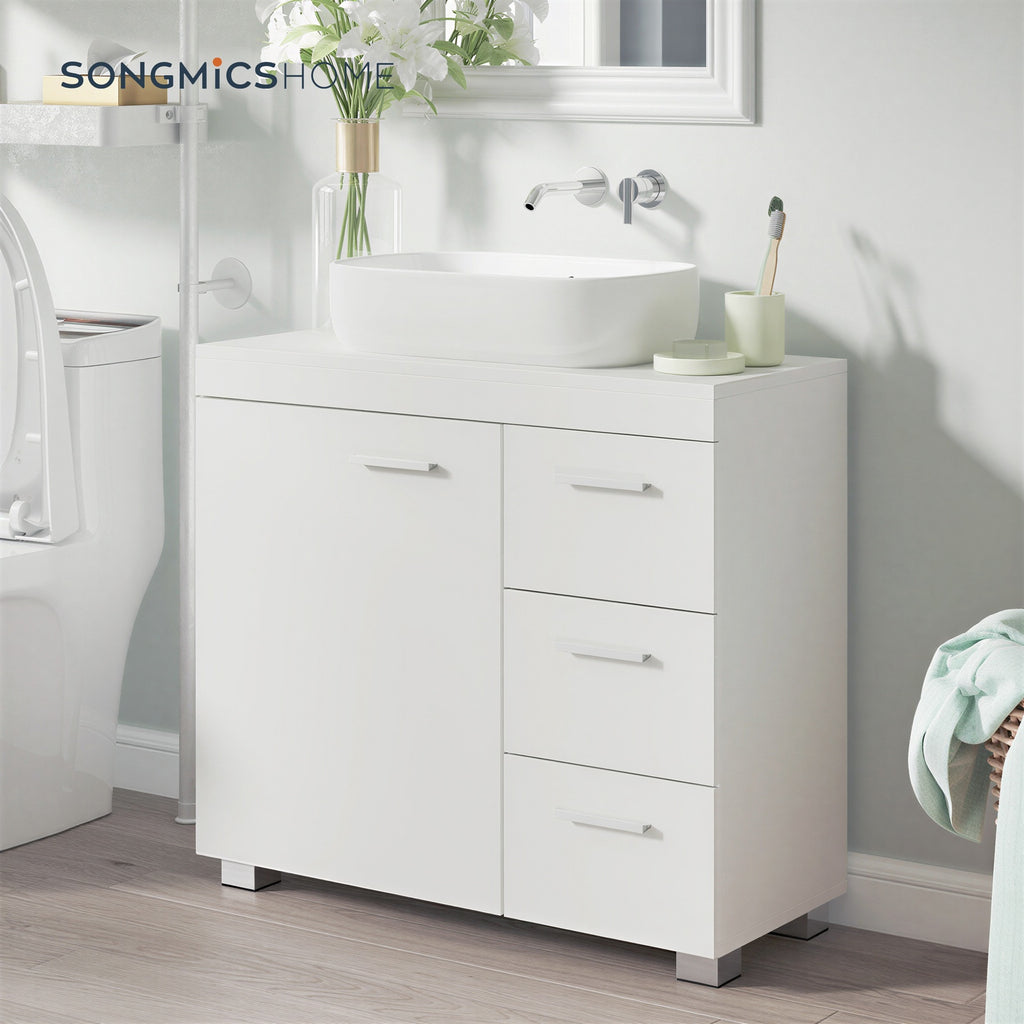 JOYFURNOS Armoire sous lavabo pour salle de bain, Blanc Mat, 30 x 70 x 63,8 cm – meuble de rangement avec pieds, 3 tiroirs et 2 compartiments derrière la porte, pour lavabos avec socle
