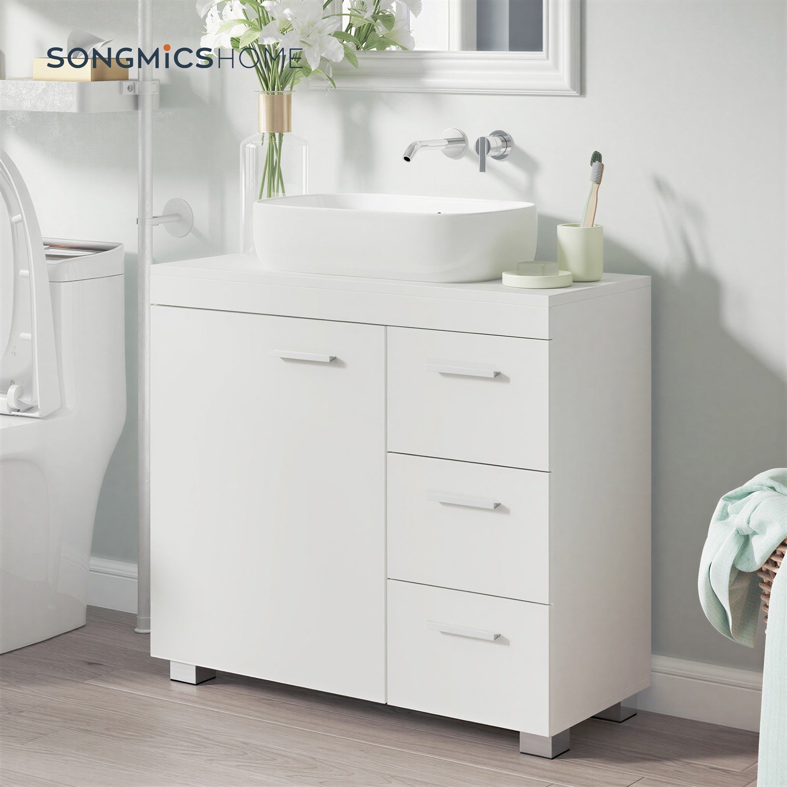 JOYFURNOS Armoire sous lavabo pour salle de bain, Blanc Mat, 30 x 70 x 63,8 cm – meuble de rangement avec pieds, 3 tiroirs et 2 compartiments derrière la porte, pour lavabos avec socle