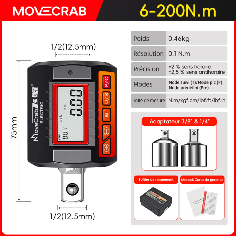 MOVECRAB Adaptateur de couple numérique 6-200N.m, entraînement 1/2", avec adaptateurs pour 3/8 et 1/4", pour clé dynamométrique électronique