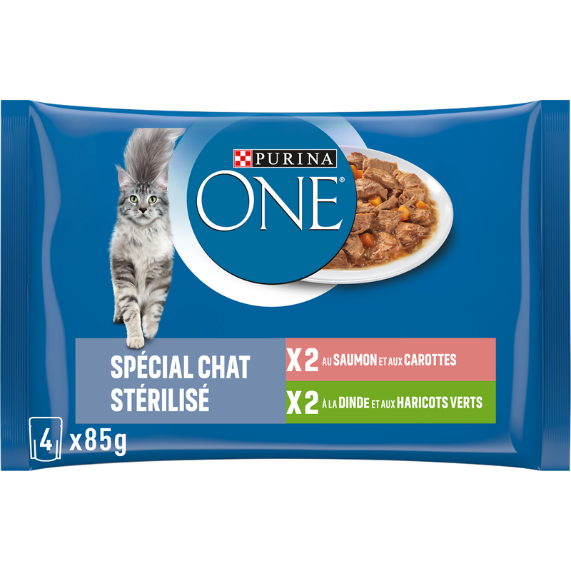Purina Aliment humide pour chat au saumon, à la dinde et aux carottes, 4 sachets x 85 g