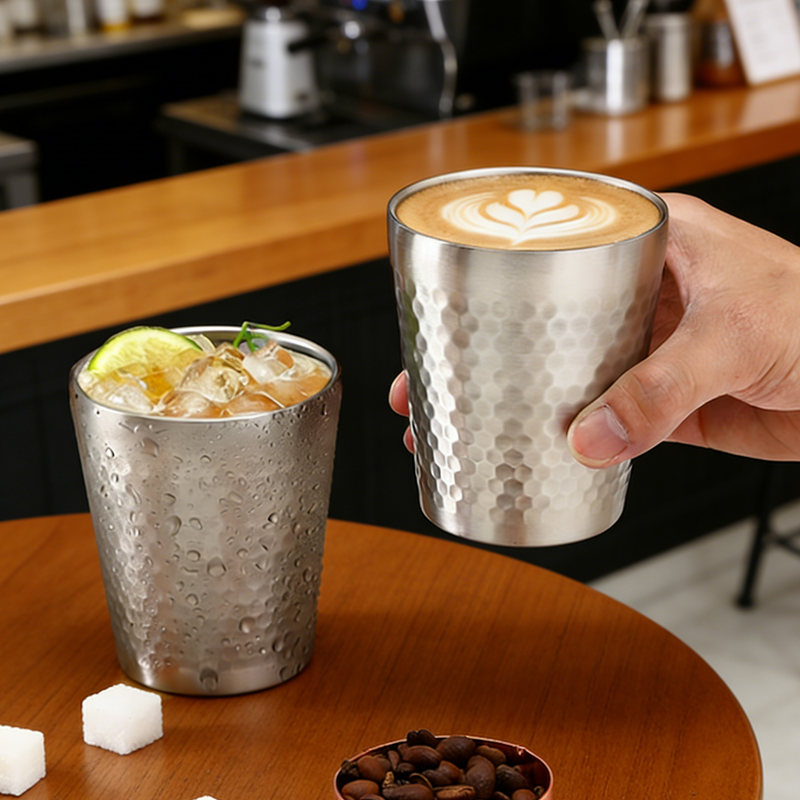 Maxcook Tasses en acier inoxydable 304 avec effet martelé, 300 ml, lot de 2, empilables, double paroi, format compact, pour la maison, le restaurant, les fêtes et le camping, MCB4812