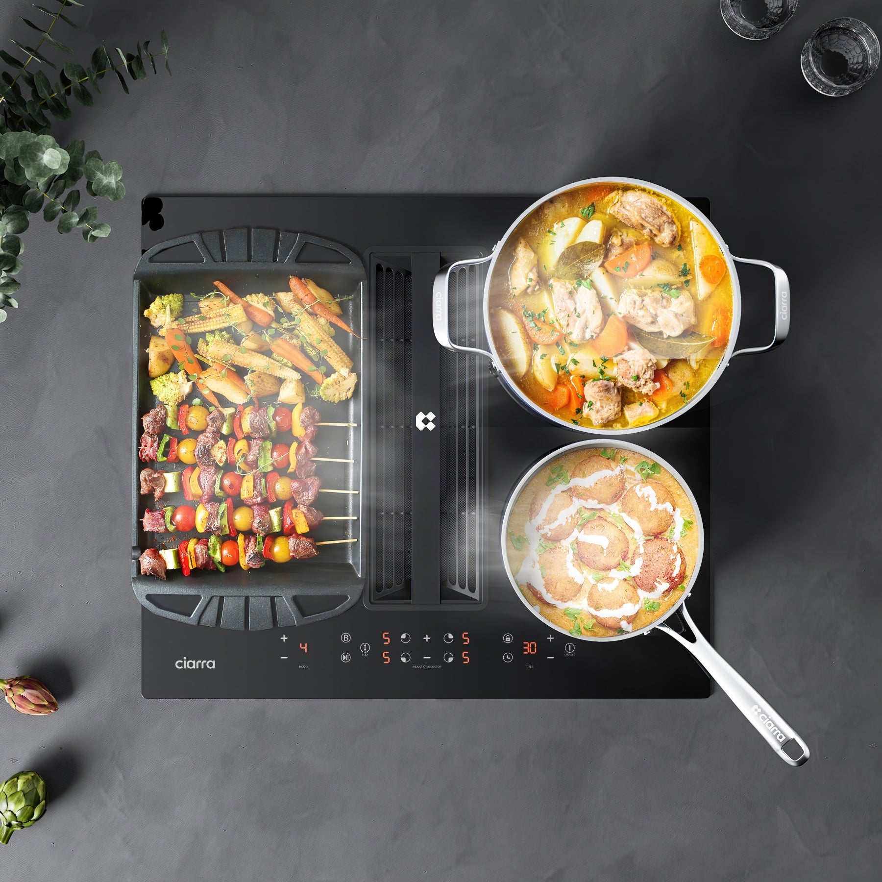 CIARRA ONE Plaque à induction 59 cm avec hotte aspirante intégrée et purification de l'air Plasma⁺, 4 zones de cuisson Boost Flex