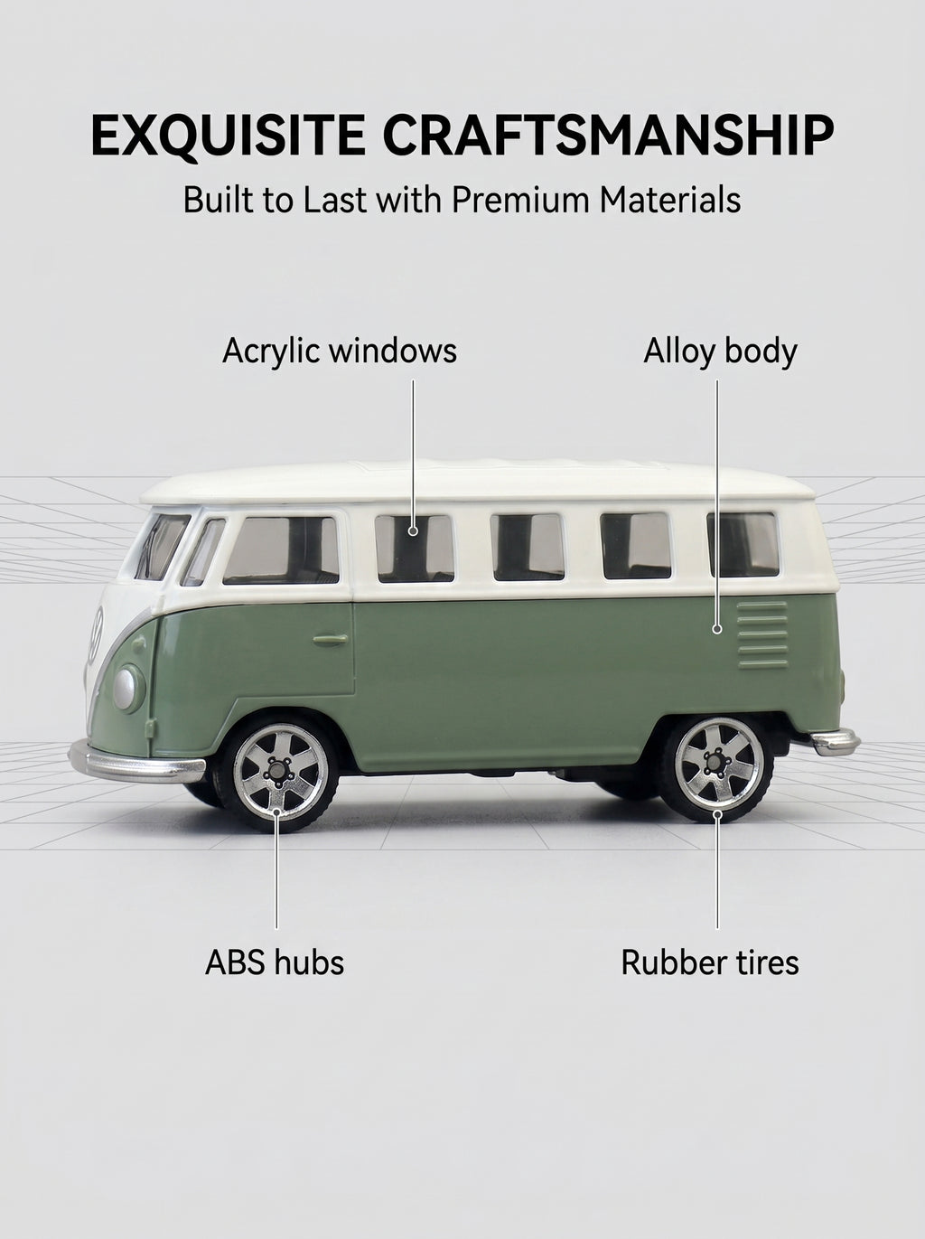 CCA Modèle réduit Volkswagen T1 Bus à l’échelle 1:56 – Voiture jouet en métal moulé sous pression, format de poche, avec suspension – Cadeau d’anniversaire pour garçons