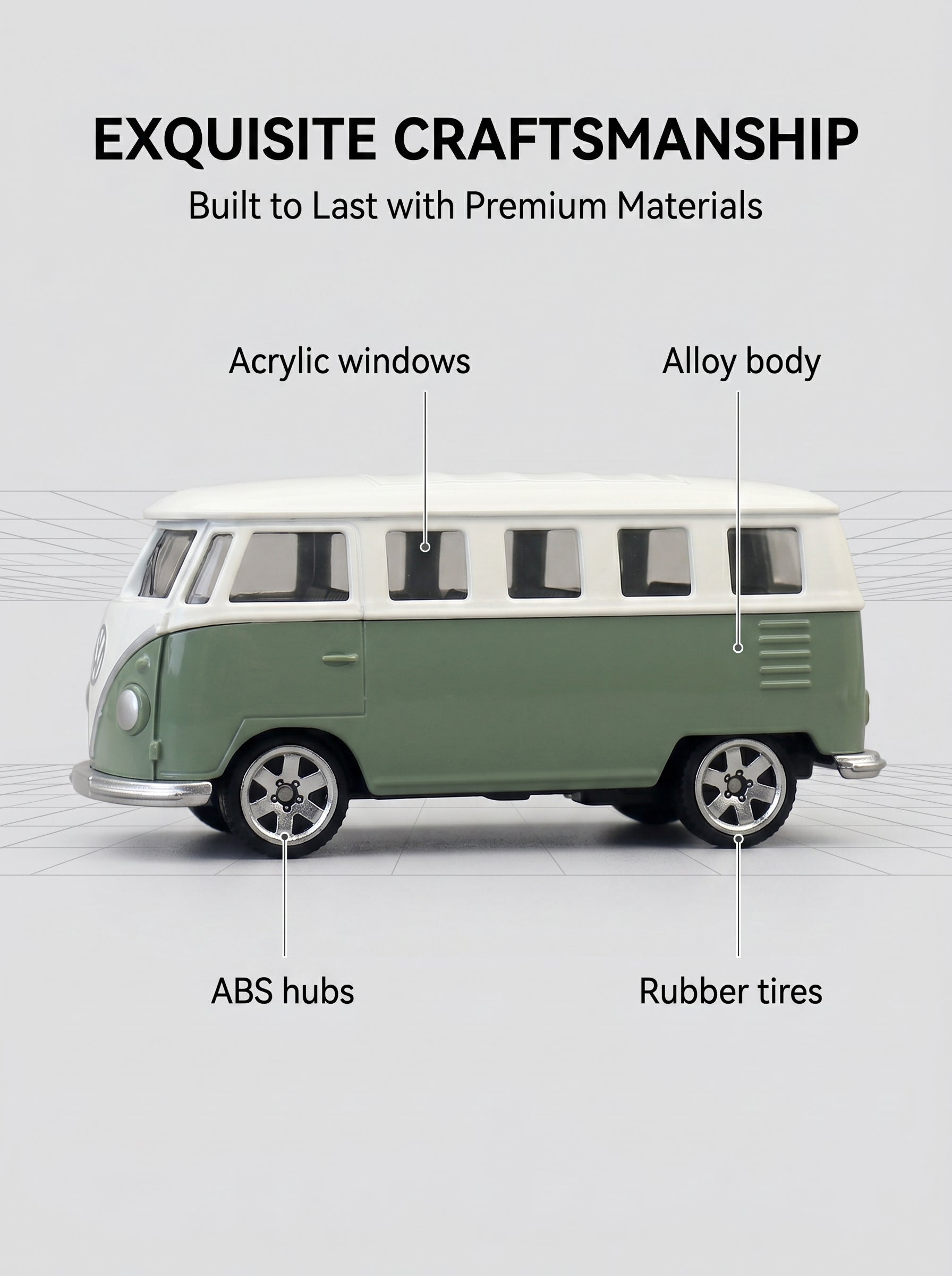 CCA Modèle réduit Volkswagen T1 Bus à l’échelle 1:56 – Voiture jouet en métal moulé sous pression, format de poche, avec suspension – Cadeau d’anniversaire pour garçons