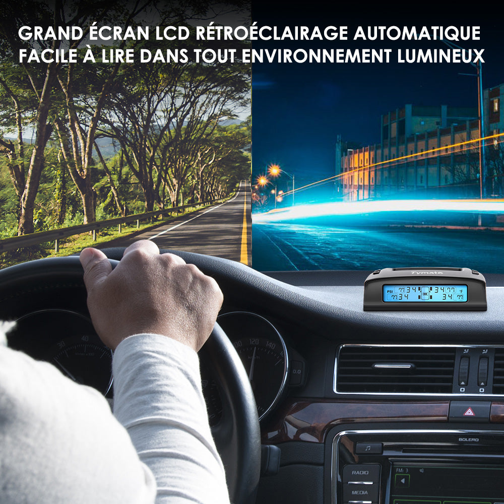 Tymate Système de surveillance de la pression des pneus pour camping-car, À énergie solaire avec 4 capteurs, 0 à 87 PSI, 6 modes d'alarme, Écran LCD couleur