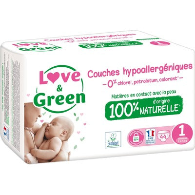 LOVE & GREEN Couches Bébé Taille 1 2-5kg Hypoallergéniques Naturelles 44 couches