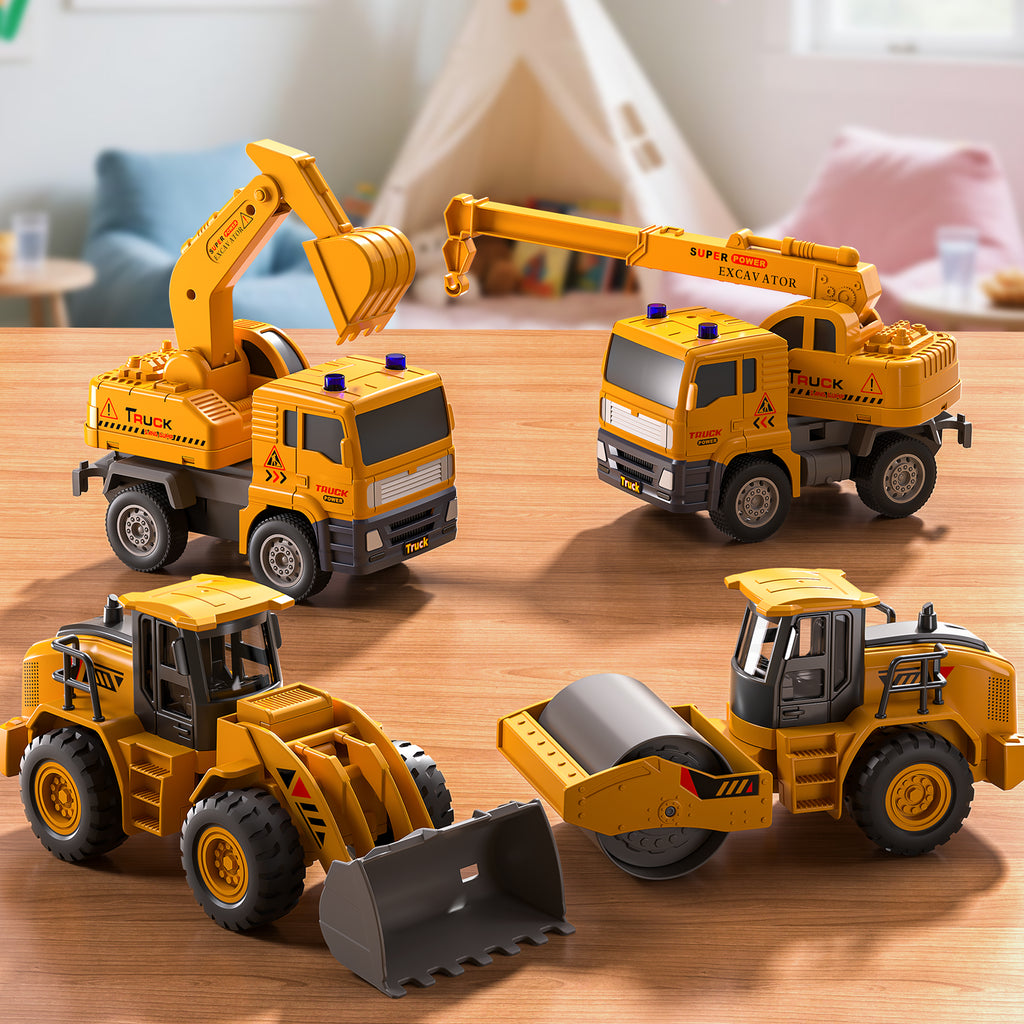 Ensemble de jouets de camions de construction, lot de 4 voitures d'ingénierie à roulement par friction avec pelleteuse, grue, Bulldozer, rouleau compresseur