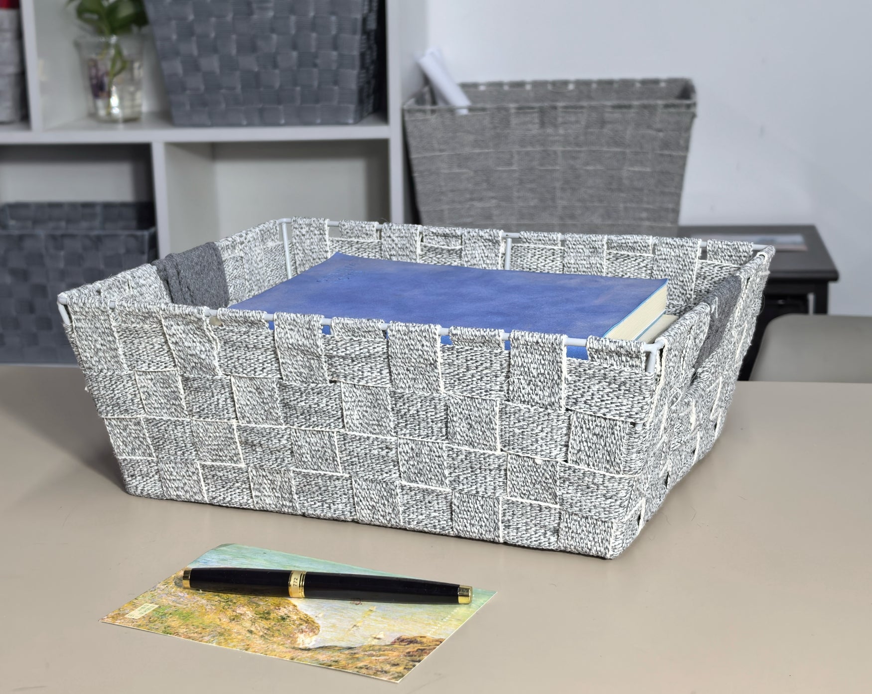 KEVAHOME Lot de 3 panières en coton avec sangles gris L : 15 x 11 x 8,25 po H M : 13 x 10 x 4,5 po H S : 10 x 7 x 4,5 po H