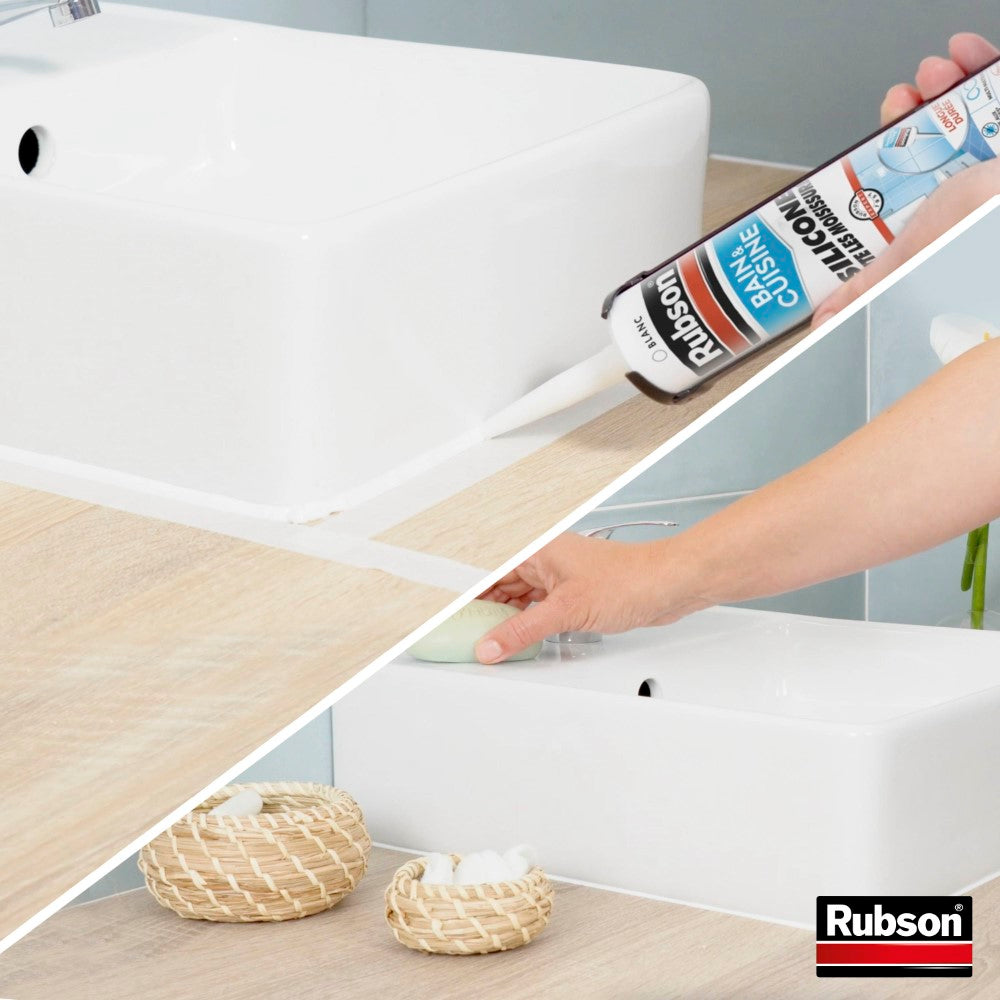 Henkel Rubson, Mastic Bain & Cuisine Silicone Évite Les Moisissures Blanc (cartouche de 280 ml) – Mastic sanitaire à base de silicone – Mastic étanche renforcé en antifongique