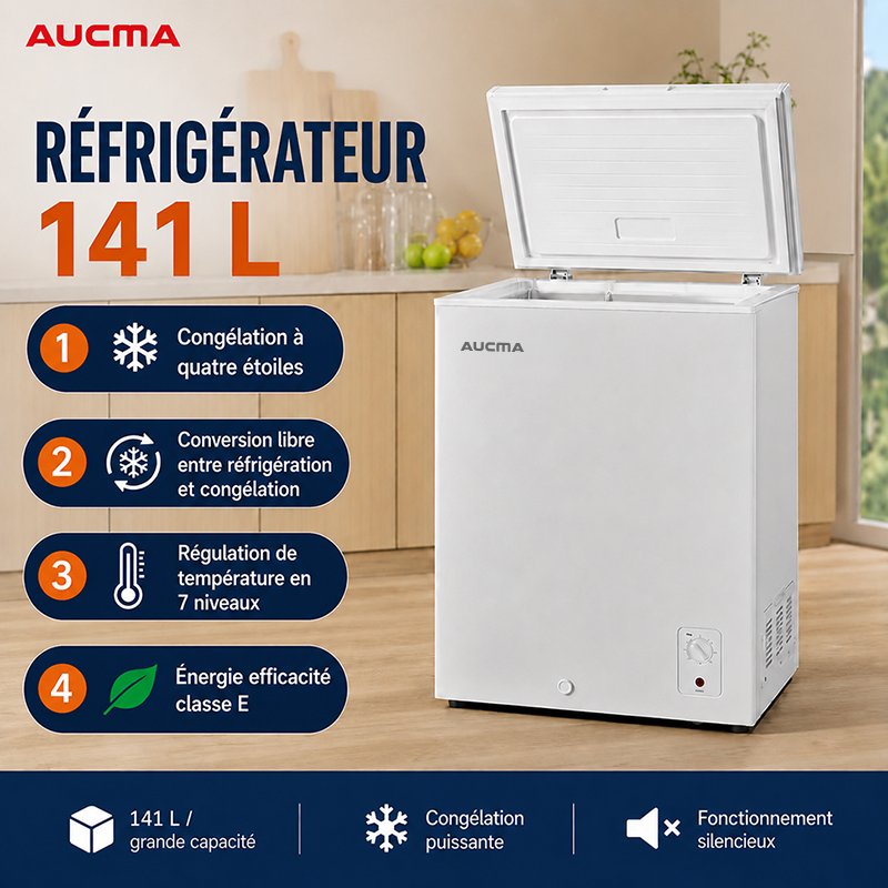 AUCMA 141 L Congélateur Coffre Convertible, Réfrigérateur & Congélateur Réversible, Mini Congélateur Profond Ouverture par le Haut, Classe Énergétique E, Fonctionnement Silencieux, Thermostat à 7 Niveaux, Panier Amovible & Tuyau de Dégivrage, Convien