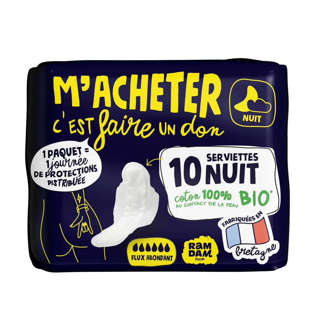 RAMDAM Serviettes Hygiéniques de Nuit Avec Ailettes Flux Abondant Coton 100 % Biologique - 10 Unités