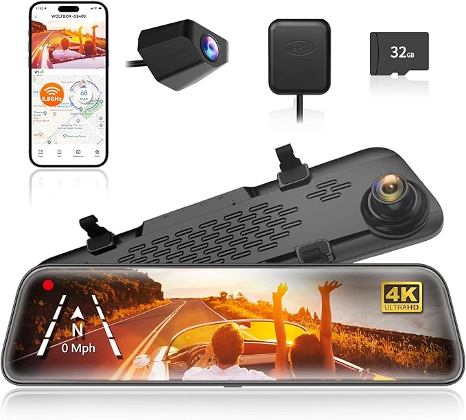 WOLFBOX G840S 12" 4K Dashcam avec rétroviseur, caméra de recul, miroir rétroviseur intelligent WiFi 5,8 GHz pour voitures et camions, double caméra avant et arrière, vision nocturne