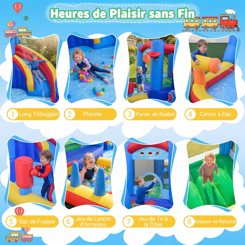 Costway Château gonflable avec toboggan aquatique, aire de saut, piscine, canon à eau, sacs de sable et jeu de panier (gonfleur non inclus)