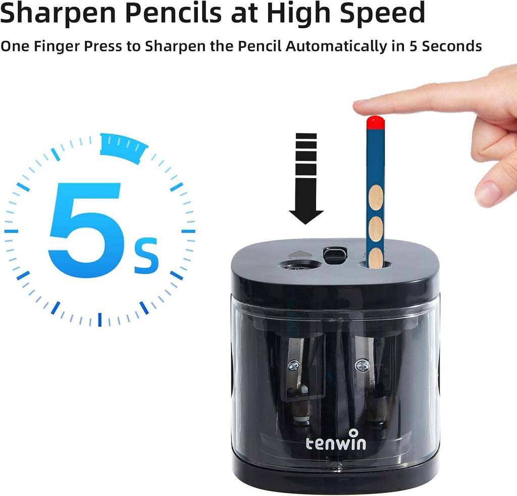 tenwin Taille-crayon électrique à double trou à piles pour crayons n° 2/de couleur 6 à 12 mm, Lame durable pour taillage rapide, Adapté école/salle de classe/bureau/maison, Noir