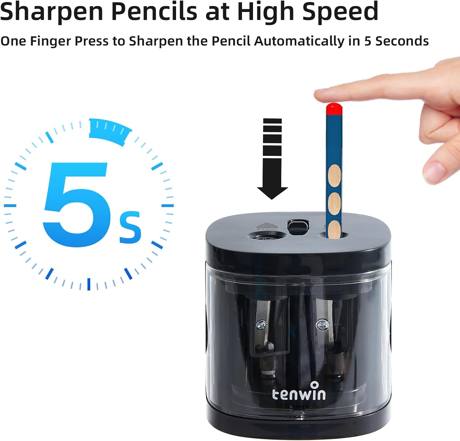 tenwin Taille-crayon électrique à double trou à piles pour crayons n° 2/de couleur 6 à 12 mm, Lame durable pour taillage rapide, Adapté école/salle de classe/bureau/maison, Noir
