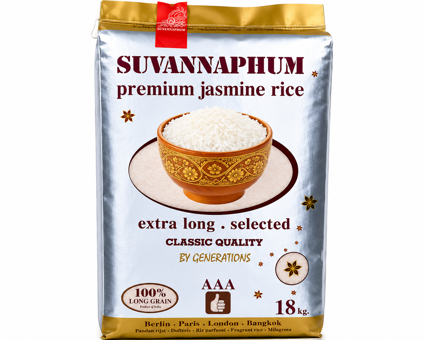 SUVANNAPHUM Riz Jasmin Qualité Supérieure 100 % Nouvelle Récolte 2026 18 kg