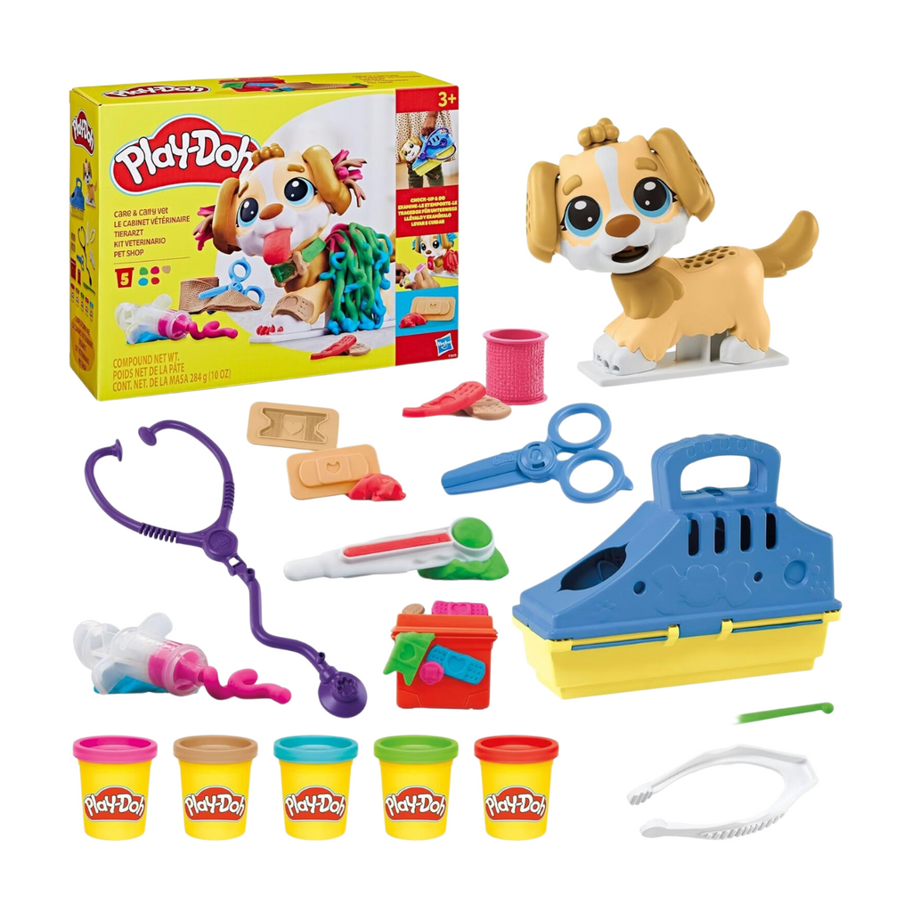 Play-Doh Care 'n Carry Kit médical jouet vétérinaire avec figurine de chiot, 10 outils vétérinaires, transport pour animaux & 5 pots de Play-Doh