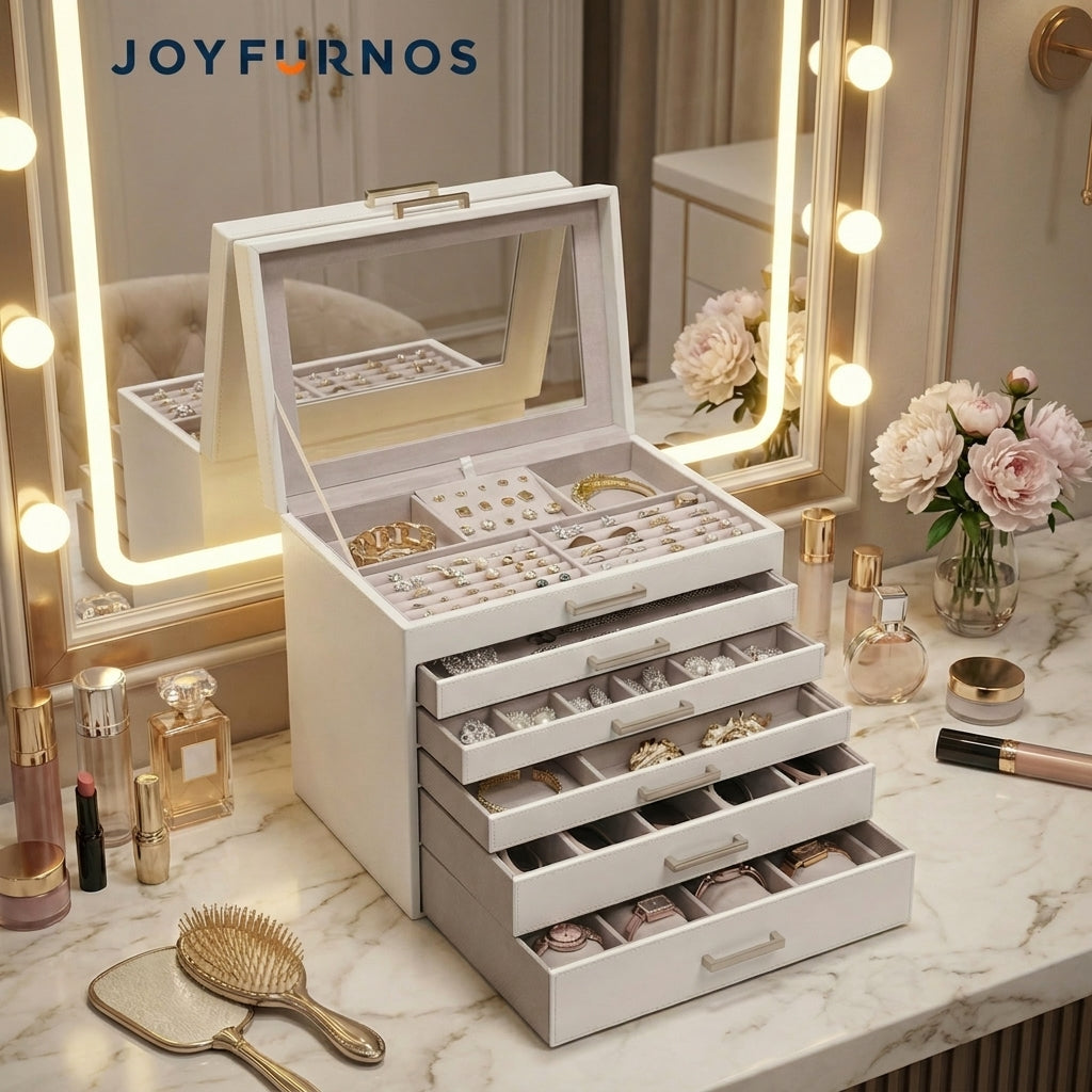 JOYFURNOS Boîte à Bijoux 6 Niveaux, Écrin à Accessoires, avec Grand Miroir, 5 Tiroirs, Rangement pour Bijoux, Moderne, Blanc