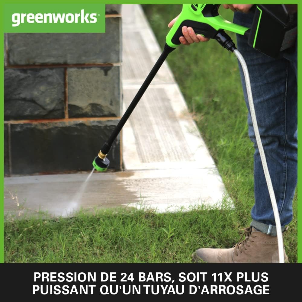 Greenworks 24 V Nettoyeur Haute Pression Sans Fil à Main (Puissance du Moteur Li-Ion 300 W, Pression 24 Bar, Débit 180 l/h, Buse 5 Jets, Tuyau 6 m Sans Batterie et Chargeur), Vert, Gris, Noir G24PWK4