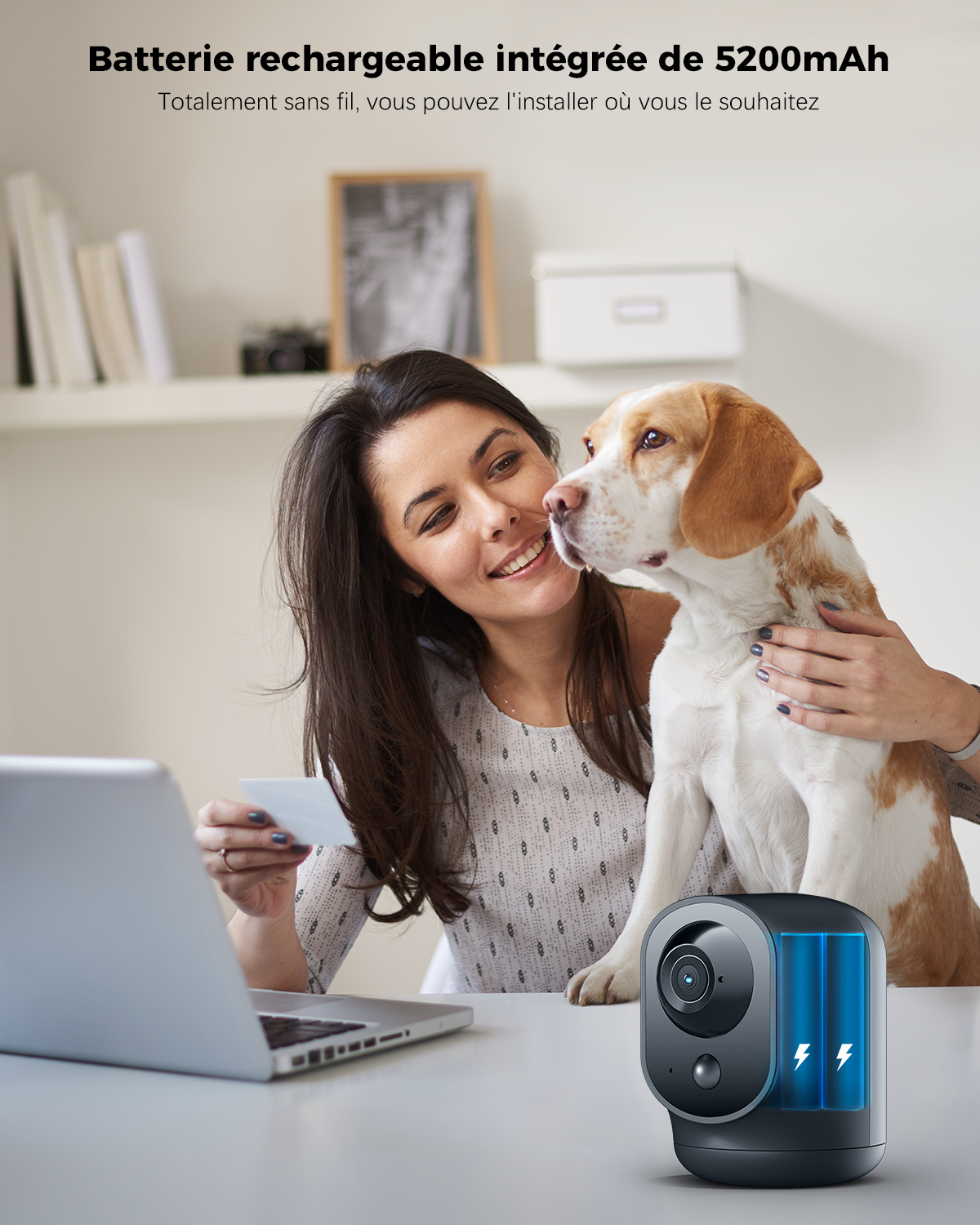 COCOCAM Caméra de sécurité intérieure 2K pivotante/inclinable, batterie 5200 mAh, WiFi sans fil, détection IA et PIR, 2,4 GHz, Noir