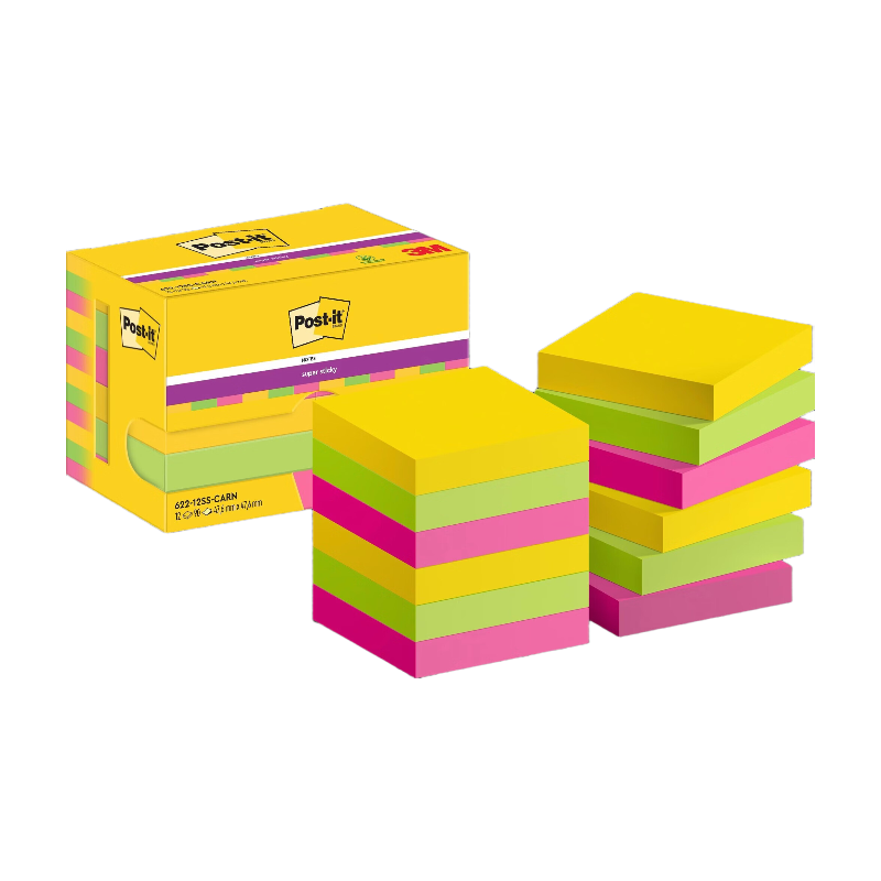 Post-it Notes super adhésives, Collection de couleurs Carnaval, 47,6 mm x 47,6 mm, 90 feuilles/planche, 12 planches/boîte, emballage en carton, certifié 100 % PEFC, SGSCH-PEFC-COC-110078