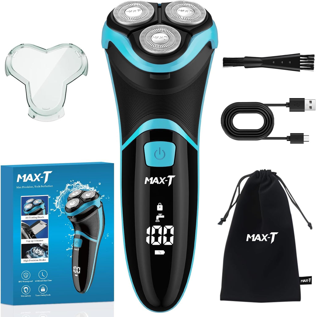 Rasoir électrique MAX-T pour hommes avec tondeuse escamotable, étanchéité IPX7, tête rotative 3D, rasoir sans fil rechargeable, port Type-C, 120 min d'autonomie, Plug & Play – Bleu