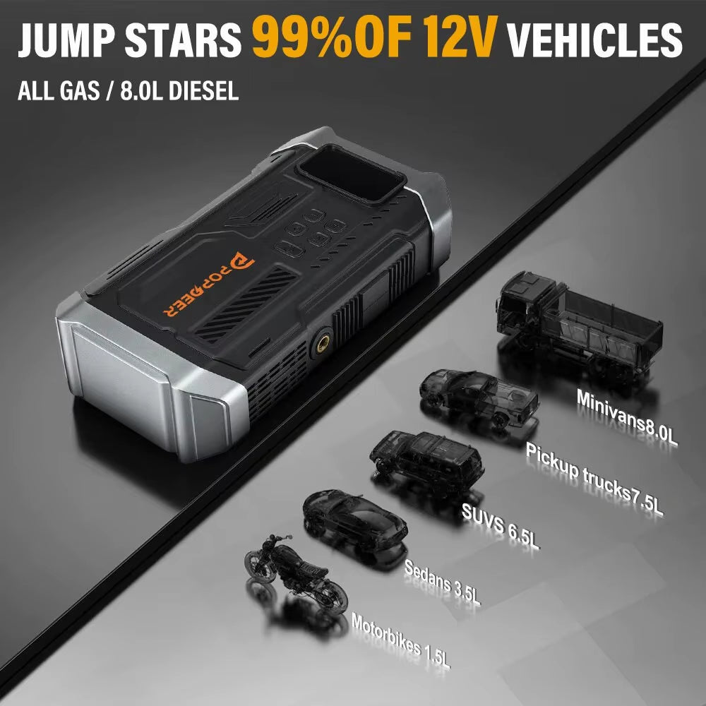 POPDEER PD-JA3 5000A Booster de démarrage 4-en-1, Compresseur d'air 150PSI, Batterie externe 12V QC 3.0 avec écran LCD, 10L Essence/8L Diesel