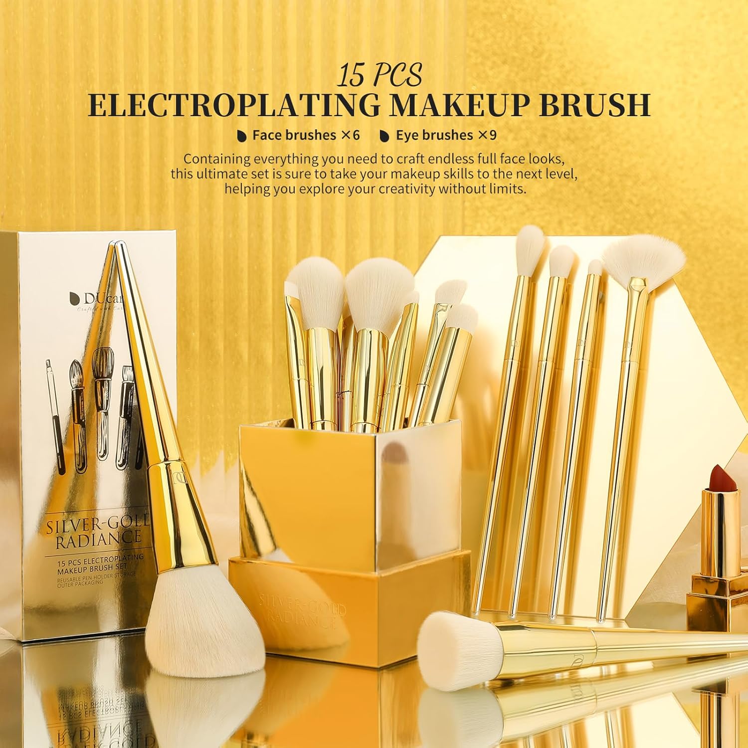 DUcare Coffret de 15 pinceaux de maquillage - Gold & Silver Glow