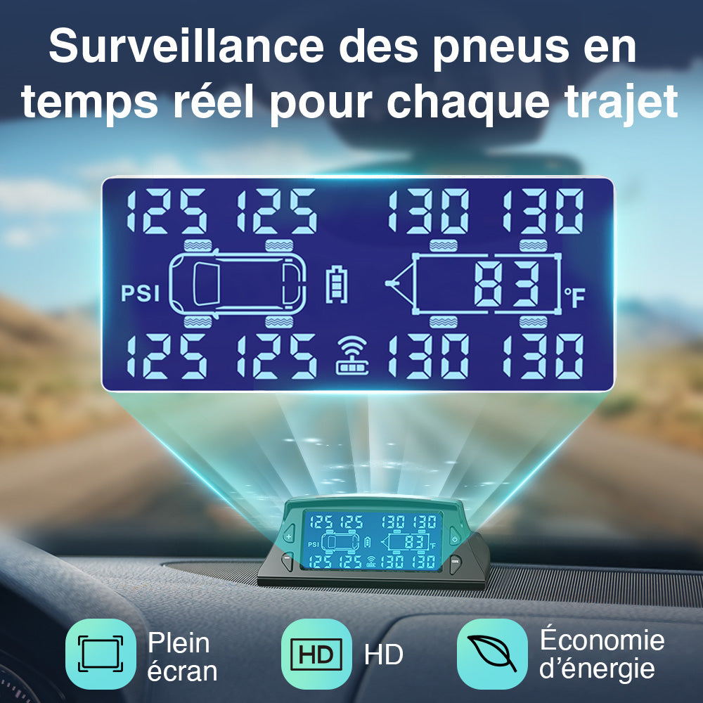 GUTA GT40+4GS02 Système de surveillance de la pression des pneus pour camping-cars/remorques avec 4 capteurs, TPMS de 0 à 188 PSI, chargement solaire, 6 modes d'alarme