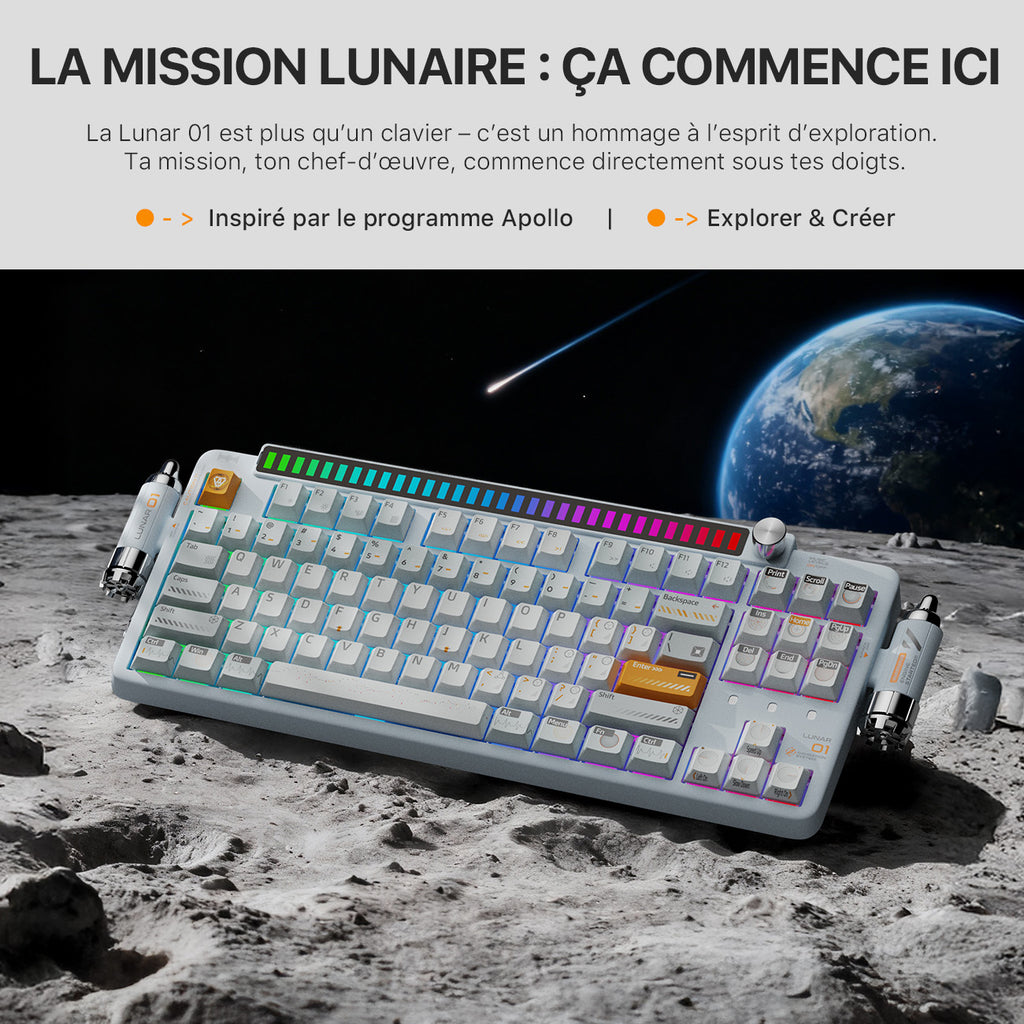 KEYSME Lunar 01 clavier mécanique 80 % triple mode, disposition QWERTY US, montage sur joints avec éclairage rythmique, interrupteurs remplaçables à chaud