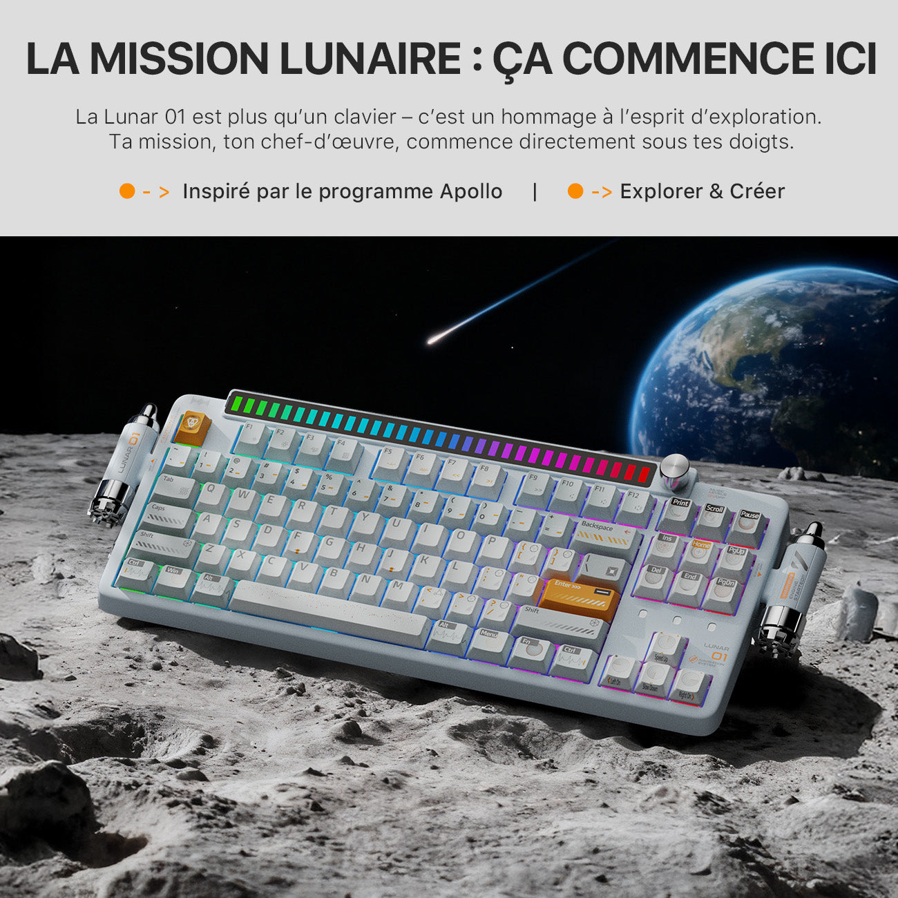 KEYSME Lunar 01 clavier mécanique 80 % triple mode, disposition QWERTY US, montage sur joints avec éclairage rythmique, interrupteurs remplaçables à chaud