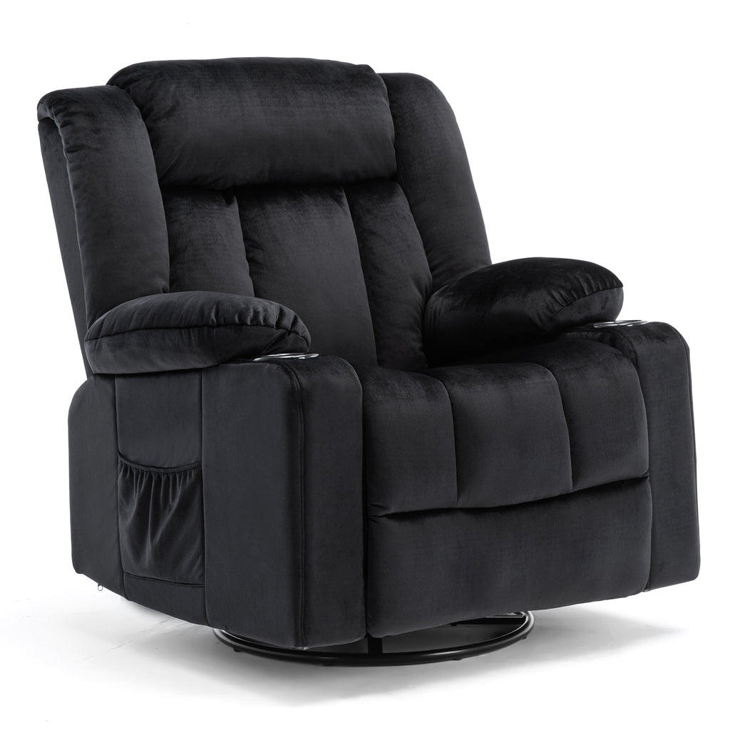 COMHOMA Chaise de relaxation manuelle pivotante pour adultes avec dossier réglable et repose-pieds, chaise longue 361° pour salon, porte-gobelet, poches latérales, tissu doux, ergonomique, noir