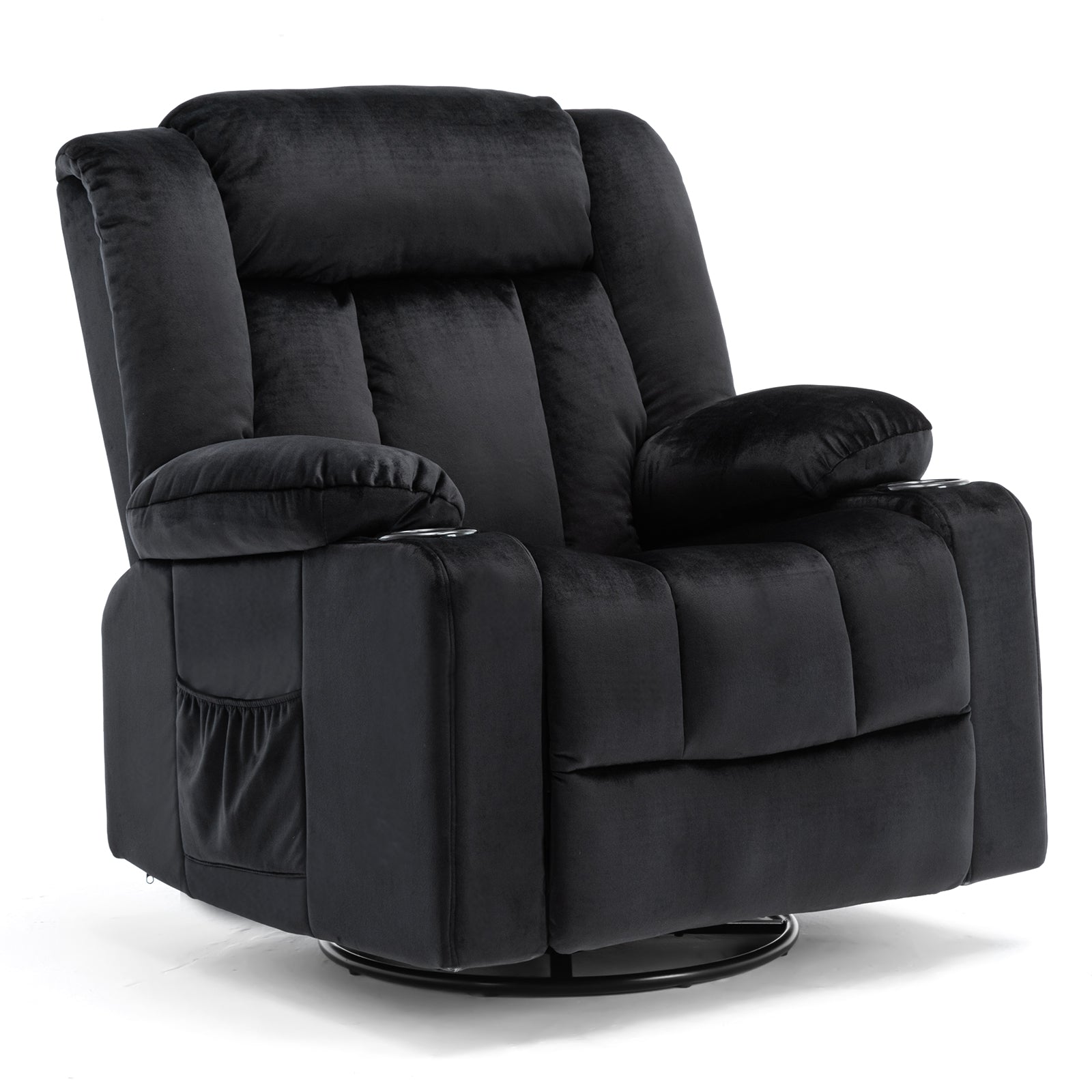 COMHOMA Chaise de relaxation manuelle pivotante pour adultes avec dossier réglable et repose-pieds, chaise longue 361° pour salon, porte-gobelet, poches latérales, tissu doux, ergonomique, noir