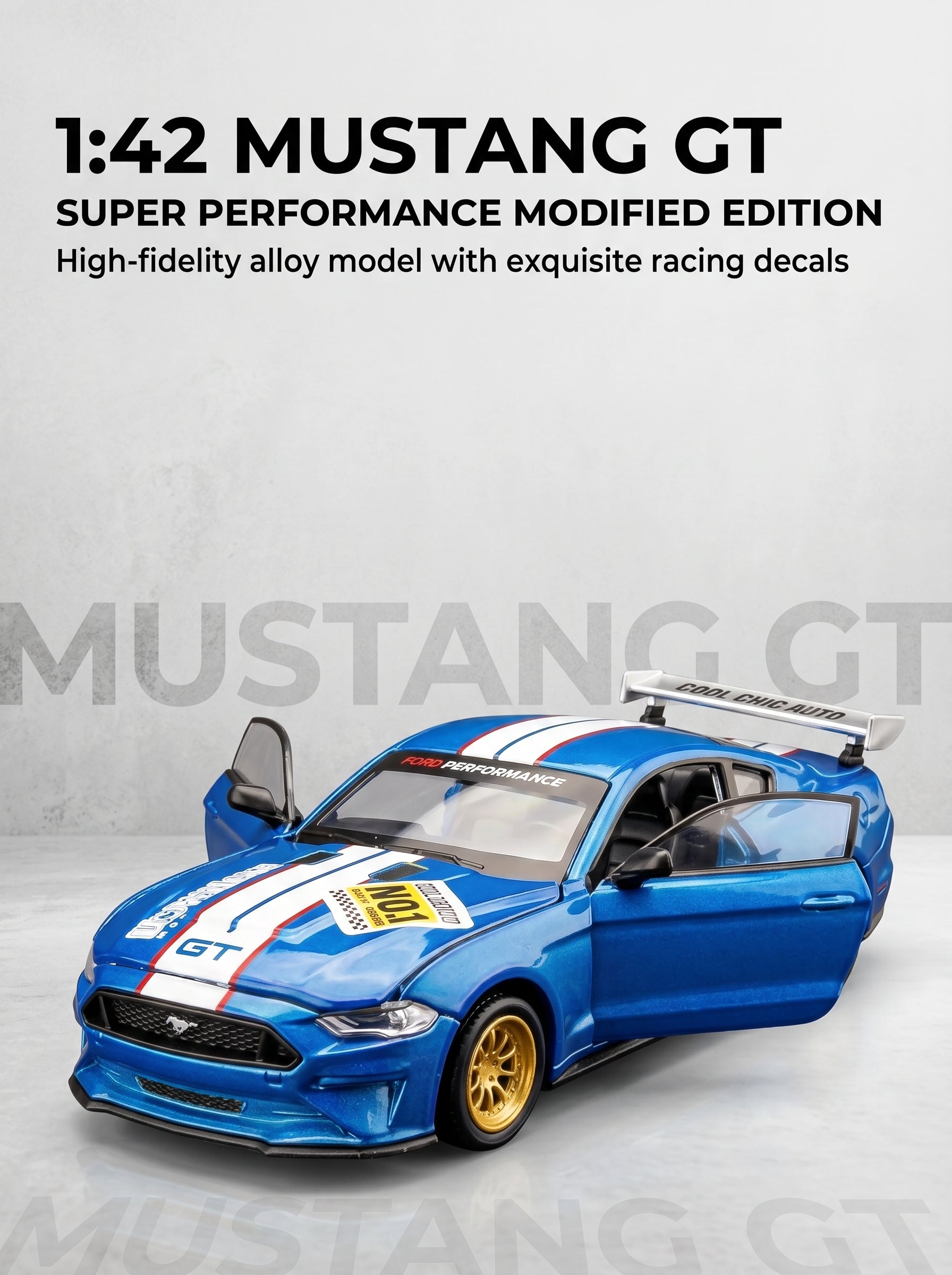 CCA Classic Blue 2018 Ford Mustang GT Voiture Miniature en Métal 1:42 - Kit DIY avec Portes Ouvertes, Intérieur Détaillé, Cadeau de Collection