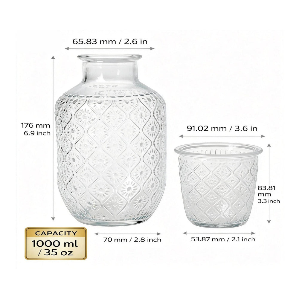 Begonia Lot de 2 pichets en verre, 1 000 ml, avec 2 gobelets de 270 ml, motif floral, distributeur de boissons pour l’été