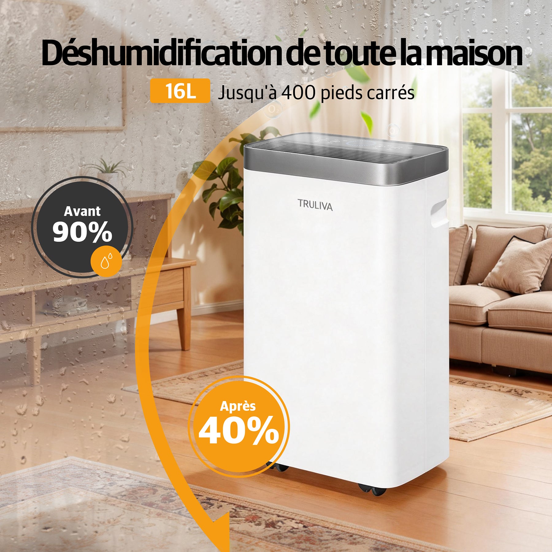 TRULIVA Déshumidificateur pour la maison, jusqu’à 32 m², minuterie 24 h, dégivrage automatique, séchage du linge, vidage continu, idéal pour les appartements humides, AP10-2012EE