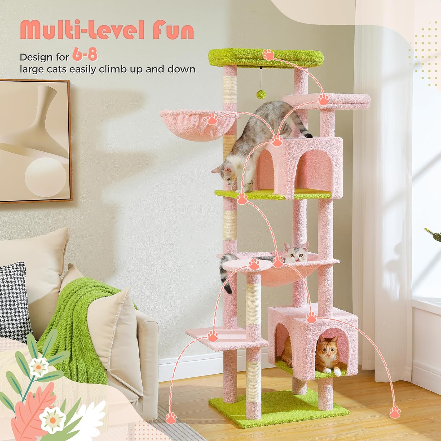 PAWZ Road Grand arbre à chat stable avec plusieurs niveaux, hamac, arbre à chat XXL 175 cm, 13 poteaux en sisal (diamètre 11 cm), grande plateforme, niche, paniers, rose