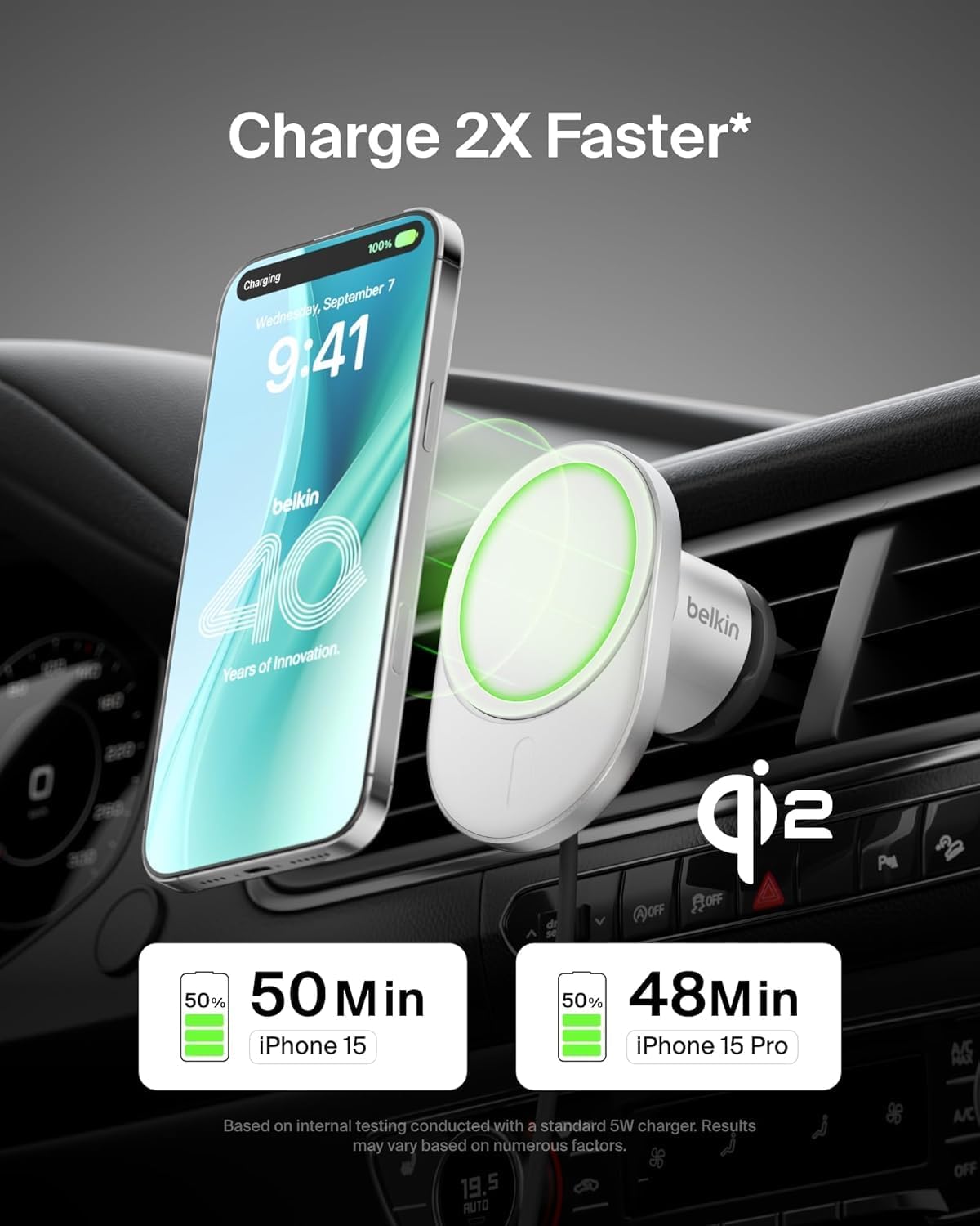 Belkin Chargeur Voiture Magnétique BOOST CHARGE Qi2, sans bloc d’alimentation