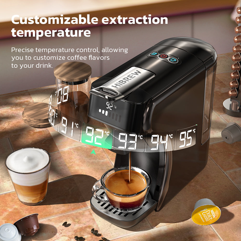 HiBREW H1B Machine à café à dosettes 6-en-1, Réservoir d'eau de 600 ml, Extraction sous pression de 19 bars, Mode froid/chaud, Indicateur LED, pour Kcup*/Nes*/DG*/Poudre d'espresso, Noir