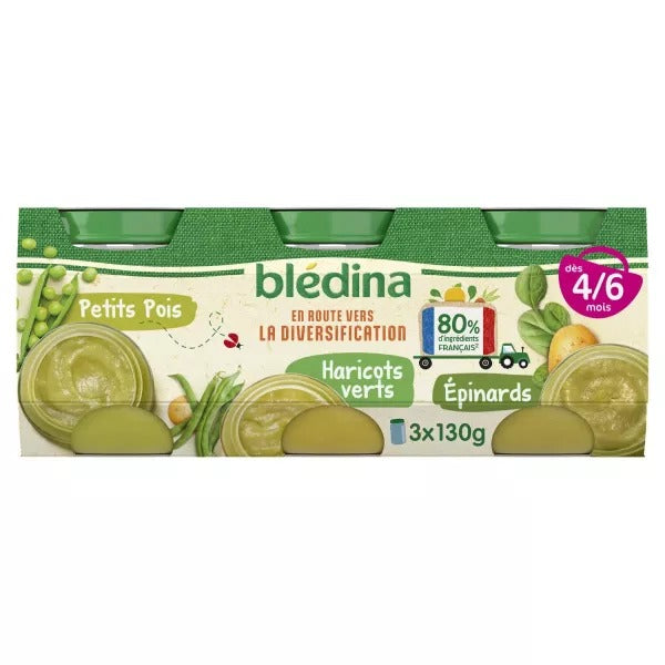 BLEDINA Purée de légumes ptt ps/haric.vts/épinar.4/6m. 3x130g