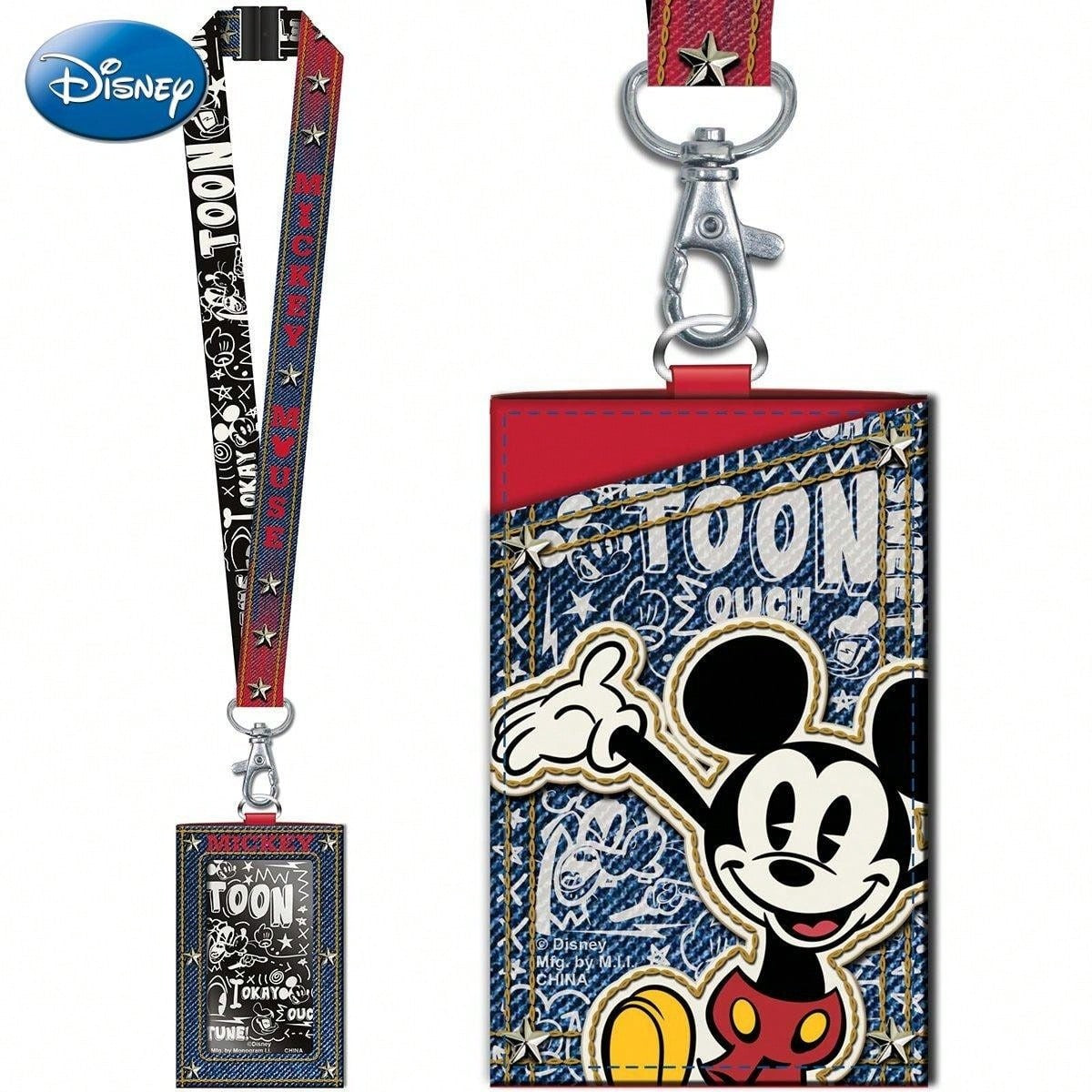 DISNEY 1 pièce Porte-cartes tour de cou Mickey Mouse, sous licence officielle, Denim rouge à pois, Thème dessin animé, Produit dérivé films et dessin animé