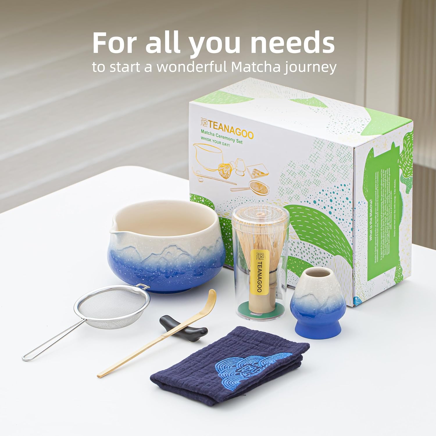 TEANAGOO Set de cérémonie du matcha bleu 7 pièces avec fouet, bol en céramique motif Fuji, cuillère doseuse et tamis pour préparer des boissons au matcha au lait, cadeau pour amateurs de matcha